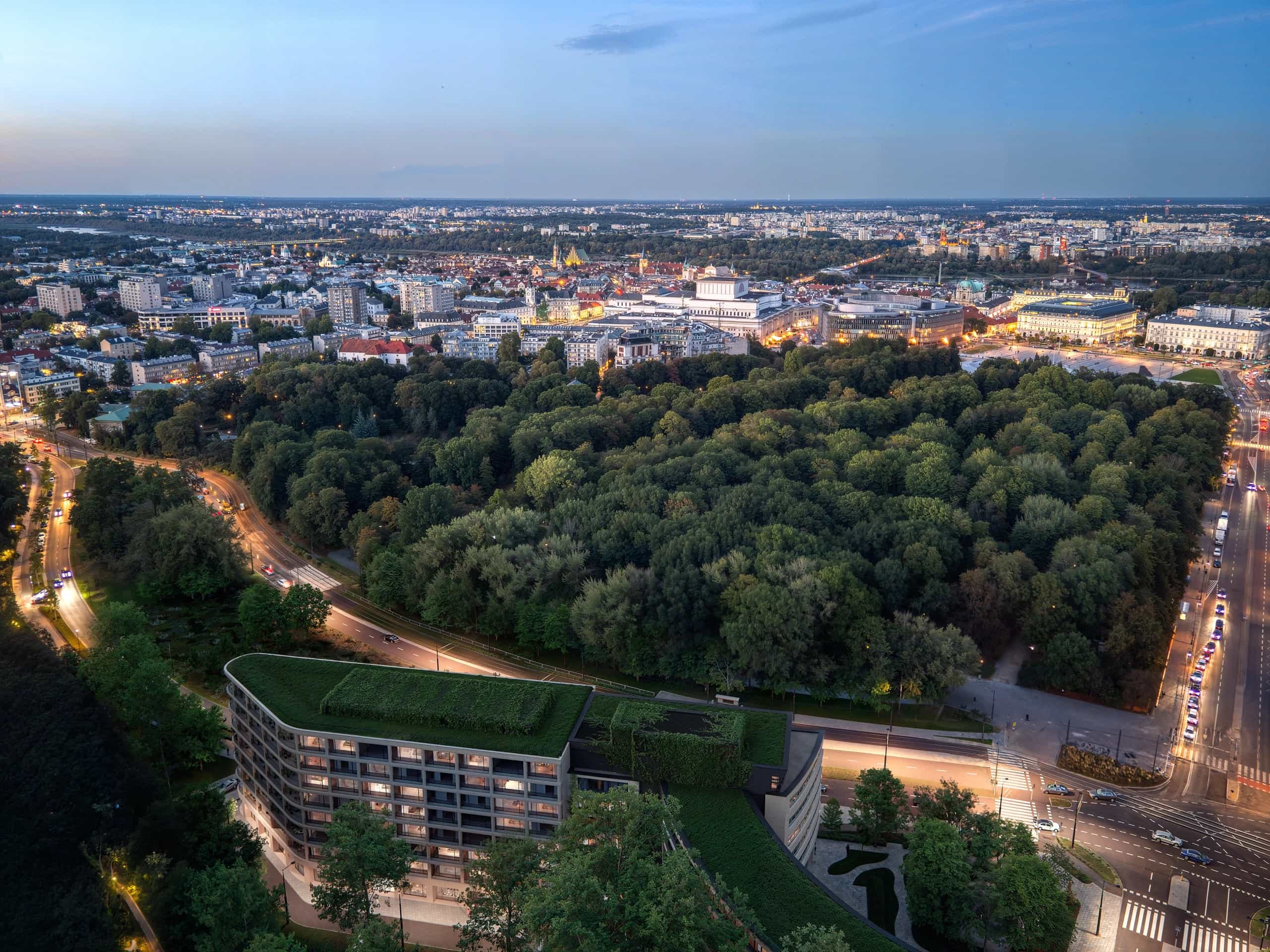 Ogród Saski i panorama Warszawy o zmierzchu