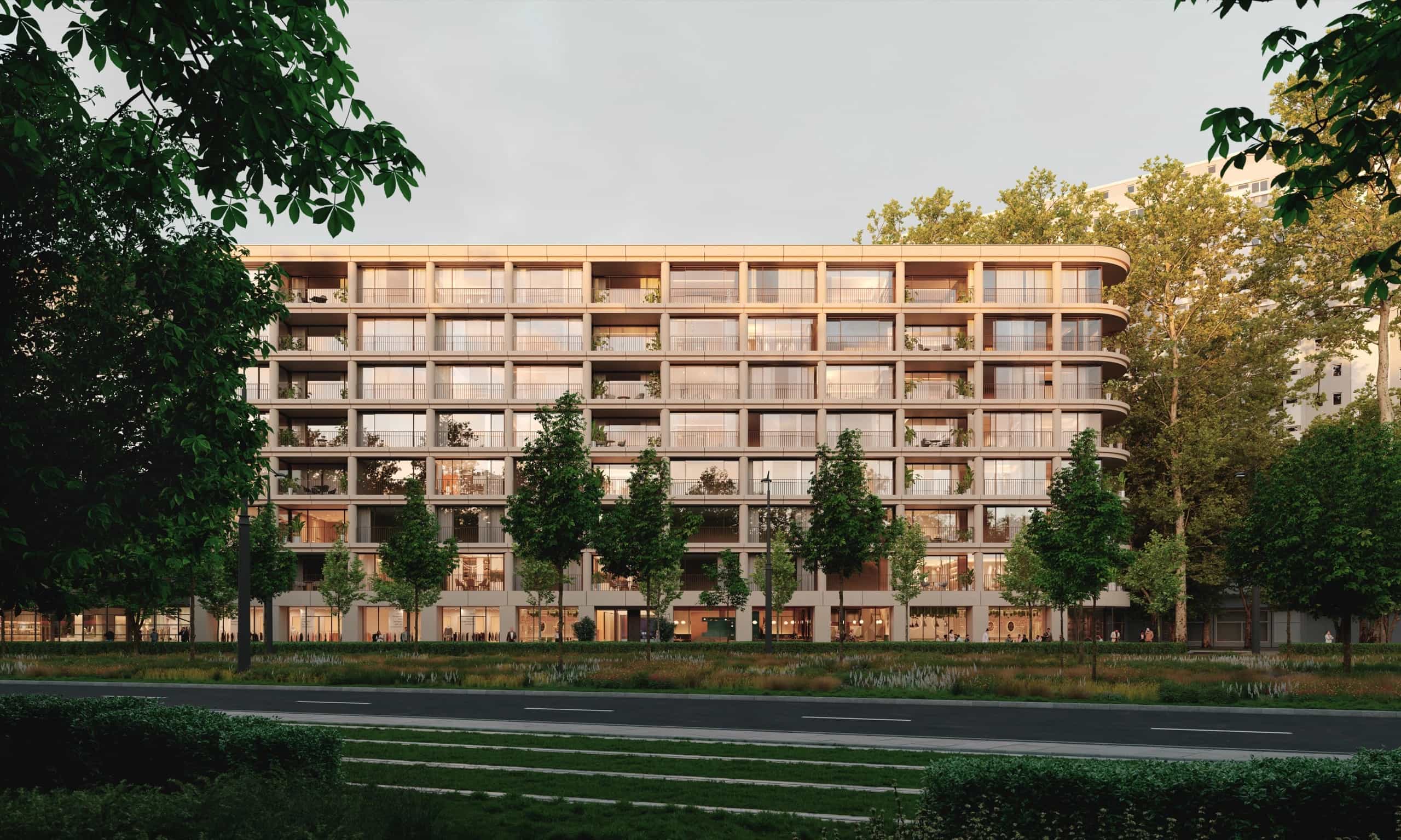 Elewacja Saski Park Apartments — od dnia po zmierzch
