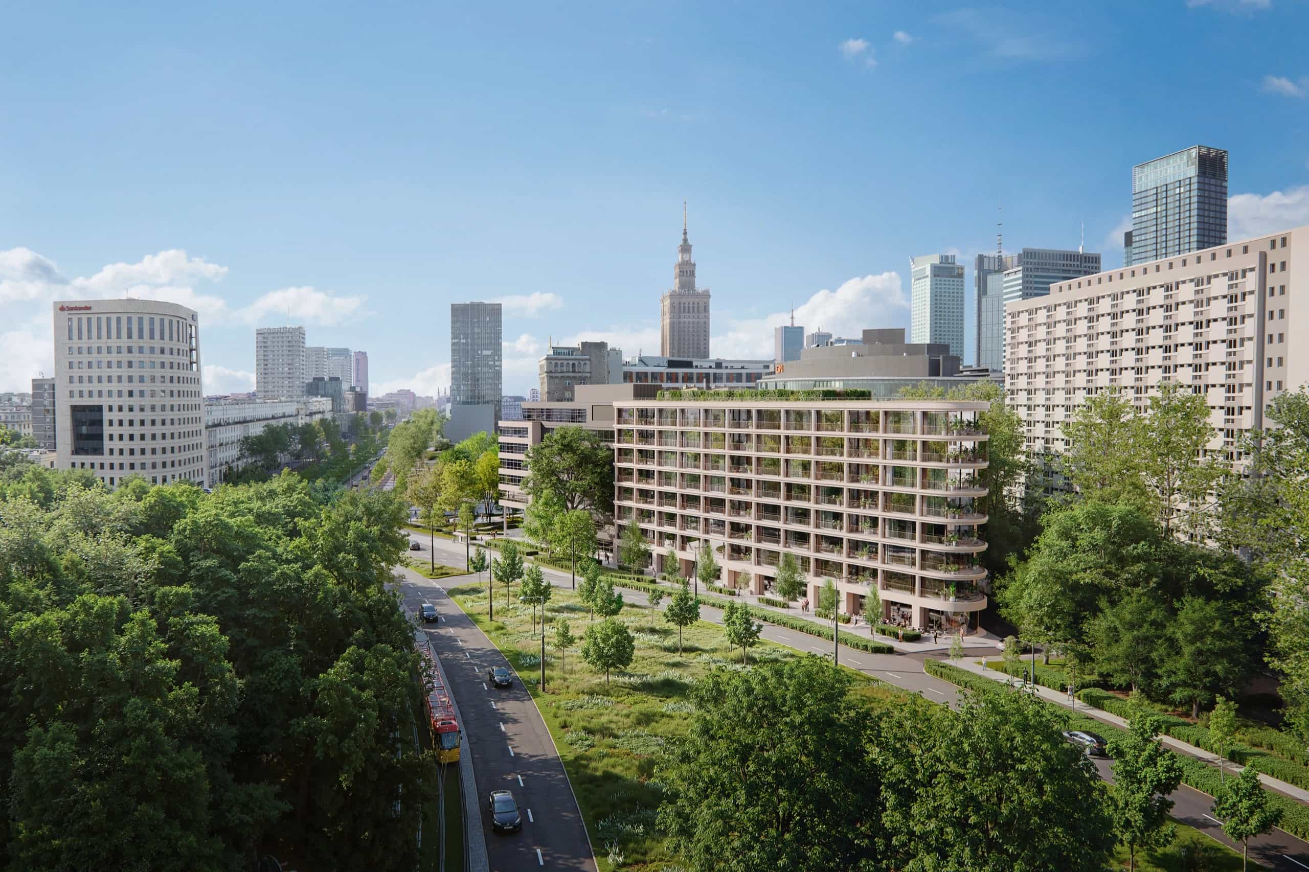 Saski Park Apartments na tle Ogrodu Saskiego i panoramy Warszawy